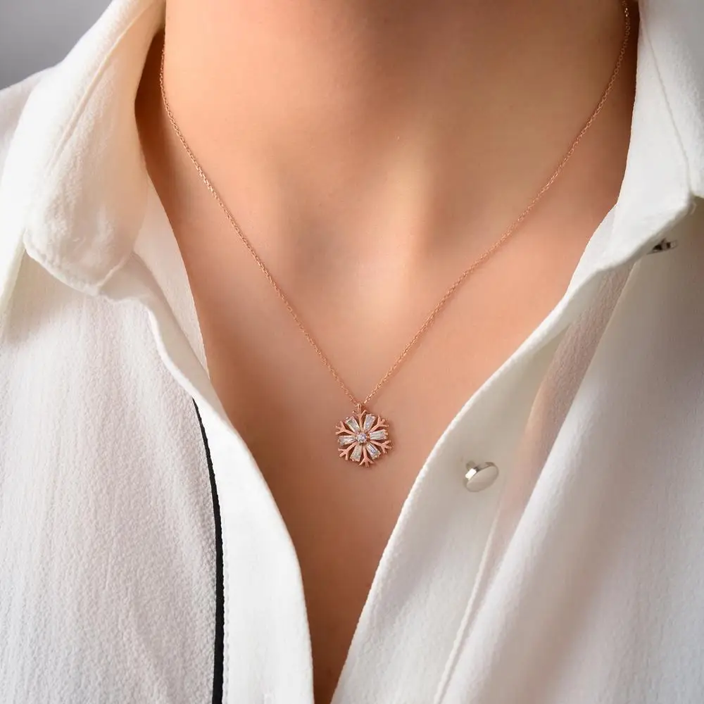 

Gift of Jewelry, Accessories, Baguette Stone Snowflake Silver Necklace, Fashion #21648