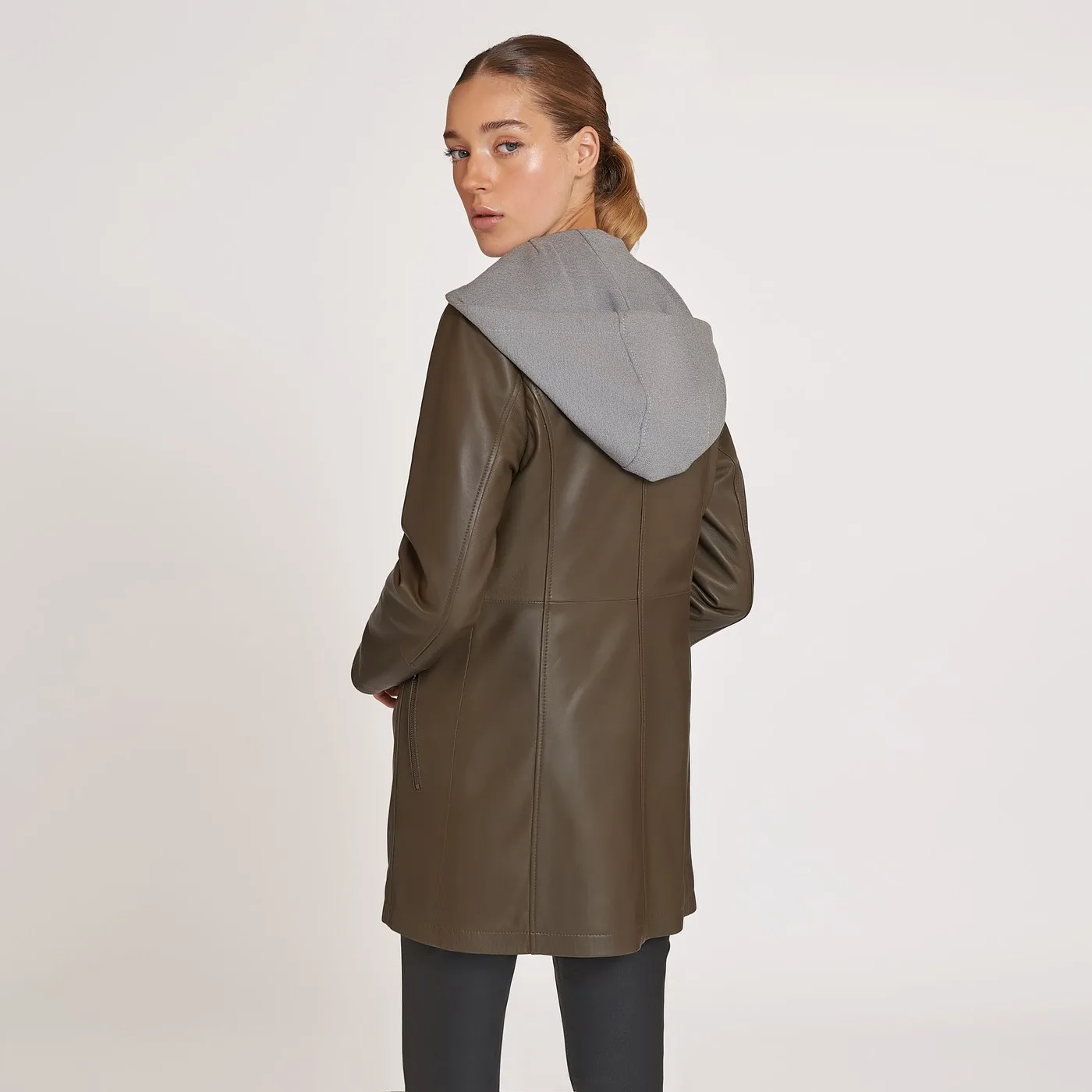 

Genuine Sheep Leather Jacket for Women, Black Color Hooded Classic Long Leather Jackets, Leather Goods from Turkey