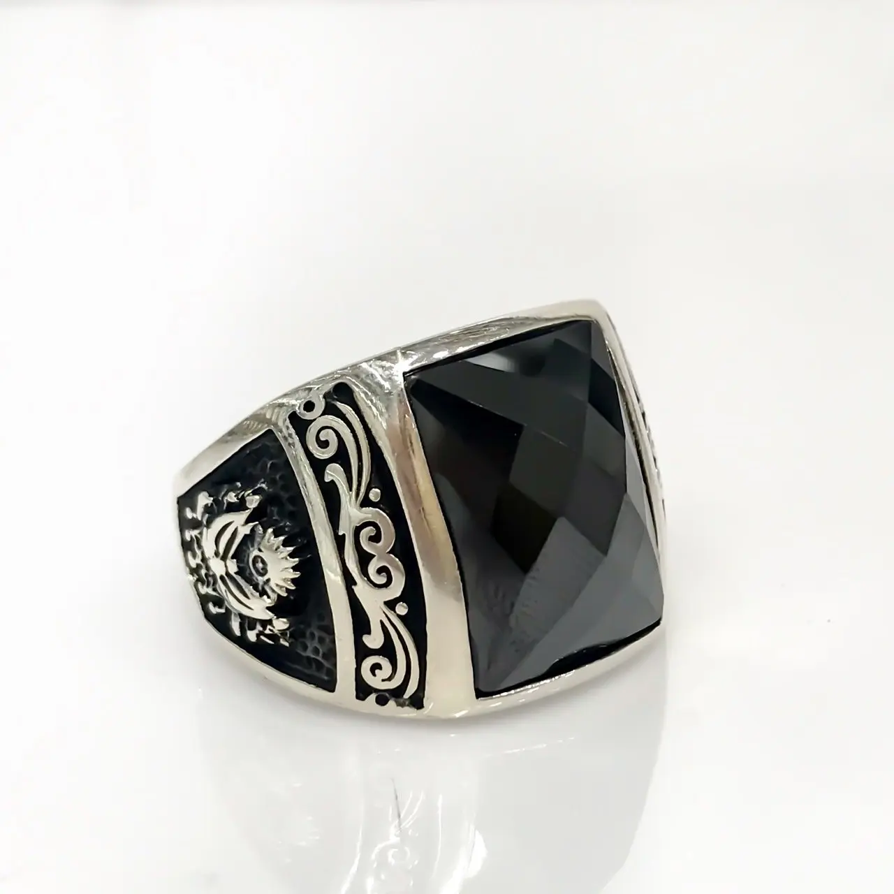 Черный багет квадратный оникс тугра серебряное мужское кольцо|Кольца| |