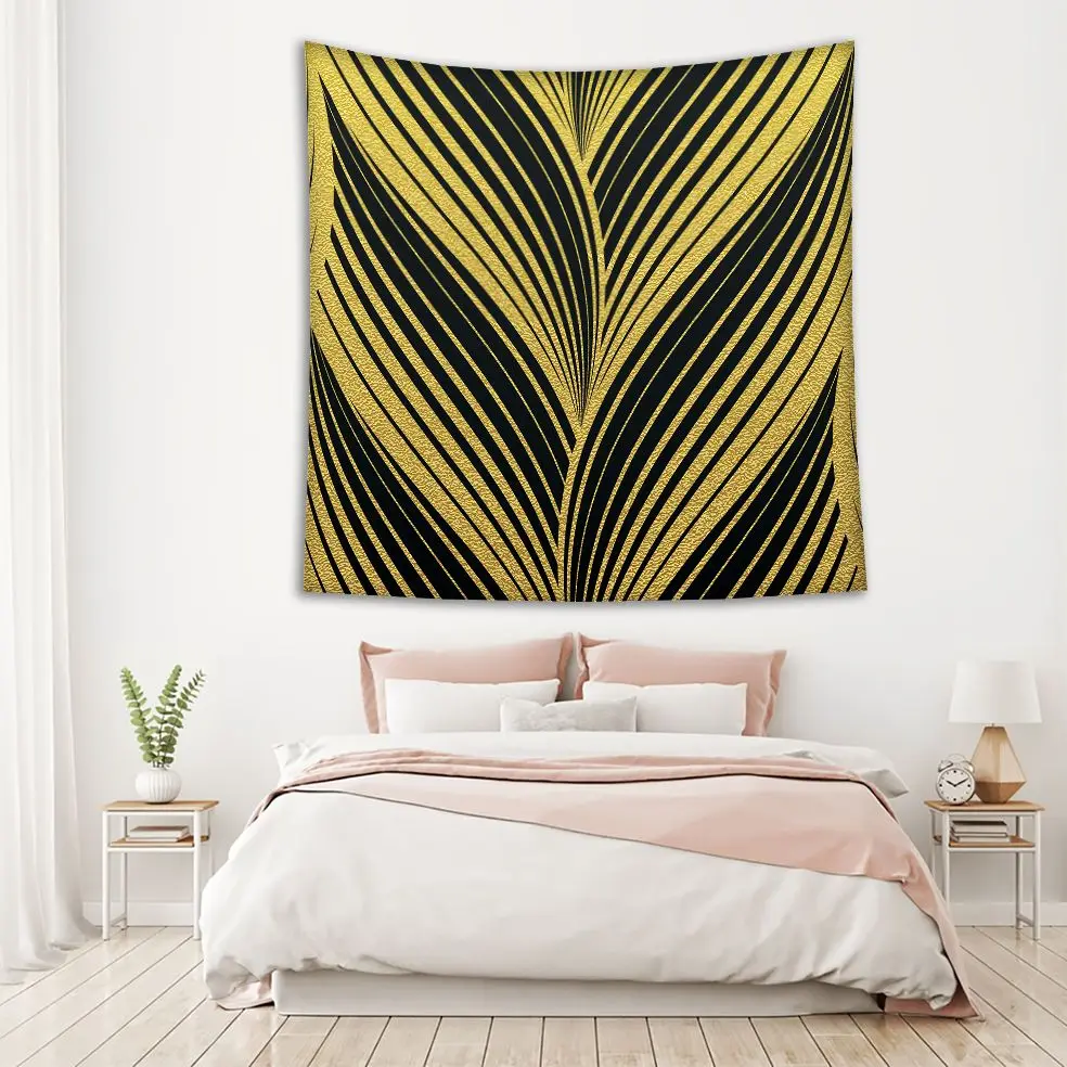 Гобелен Золотой лист узор на черном фоне Абстрактные Волны пышные линии стильные