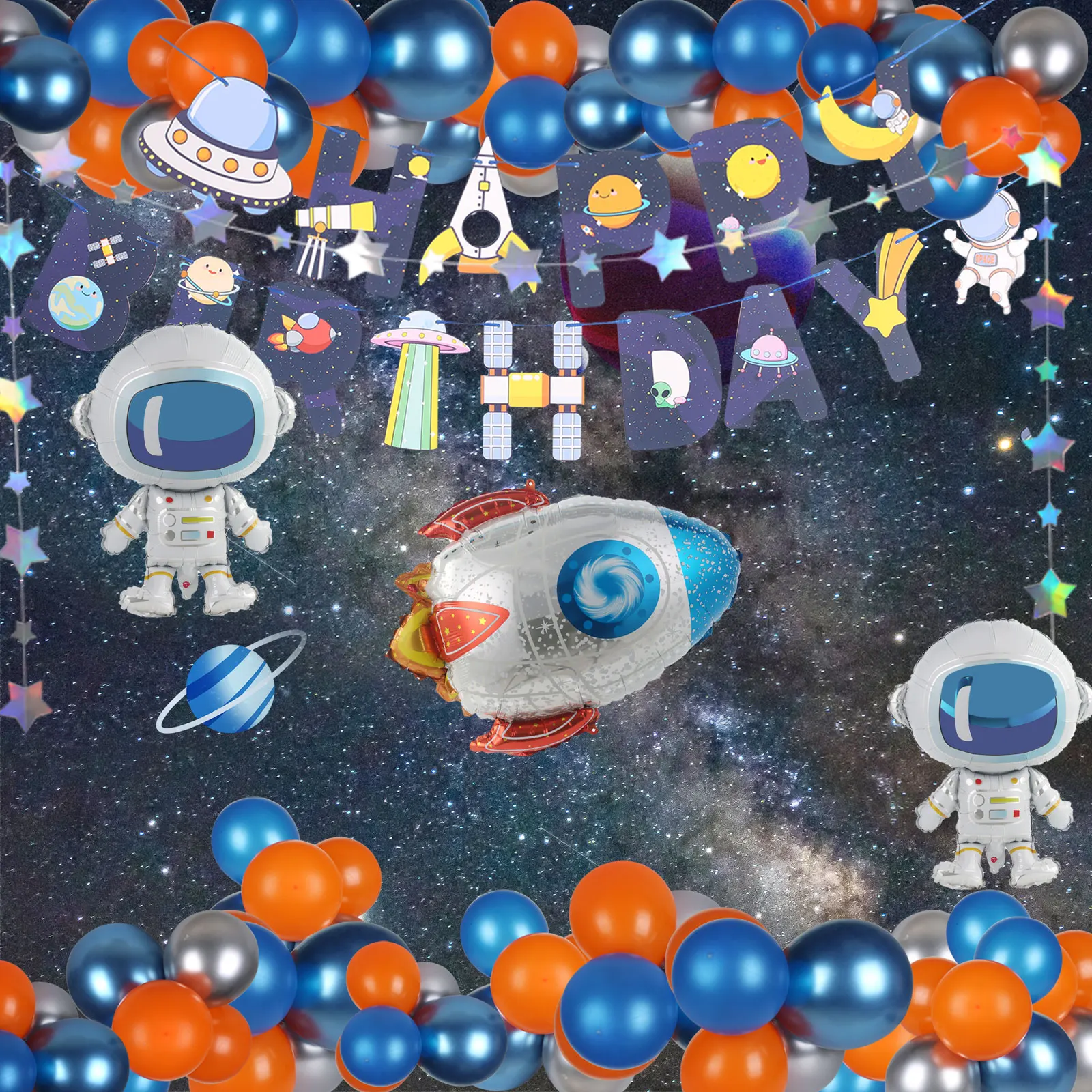 

Happy Birthday Party Decor for Kids Space Astronaut Theme Children Birthday Balloons Wall Ceiling Colorful Balloons Decorations