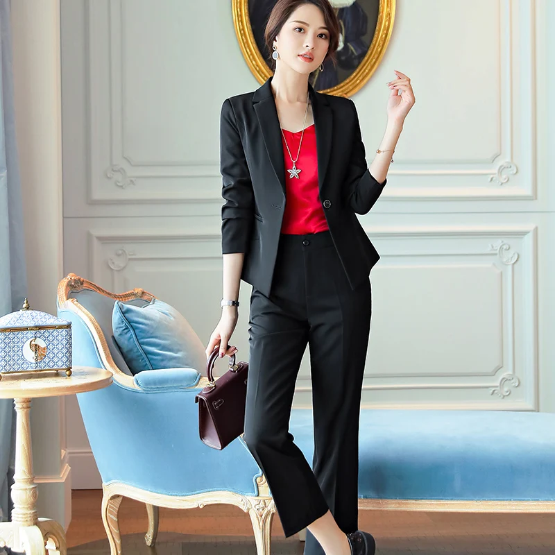 Женский деловой костюм Lenshin блейзер и штаны из гладкой ткани Офисная форма