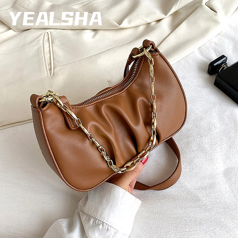 

Fashion Shoulder Bag For Women 2021 Fold Soft Pu Leather Handbag Chain Solid Color Crossbody Messenger Bags