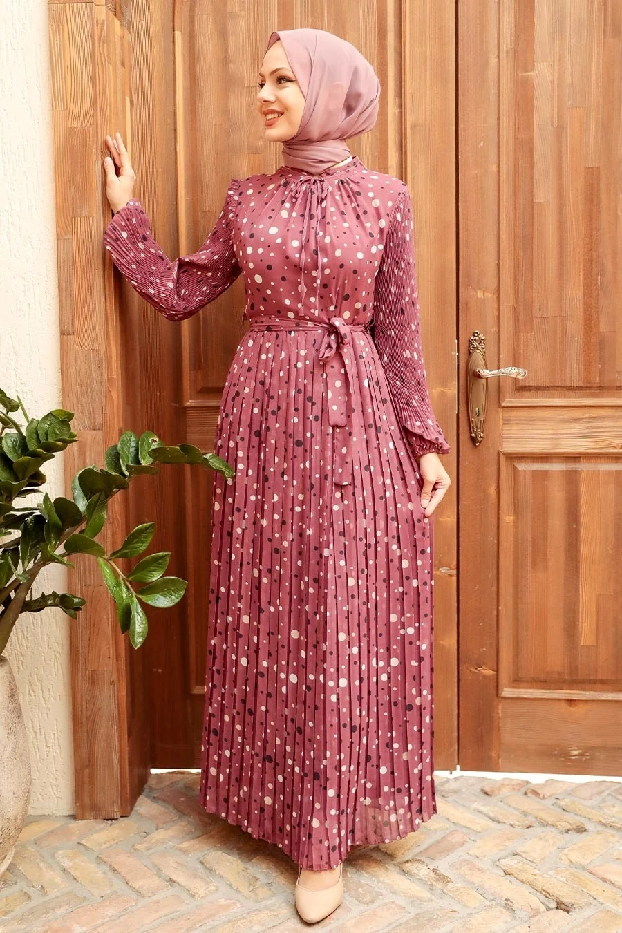 Новый сезон 2022, женское платье-хиджаб с узором в горошек, со шнуровкой, стильная модель kemerli из плиссированной ткани