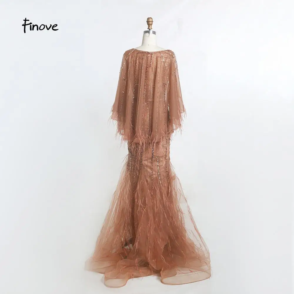 Finove Vintage Evening Dress Long 2020 New Noble Champagne Mermaid O Neck Beaded Feathers With Cloak Party Gowns Plus Size | Свадьбы и
