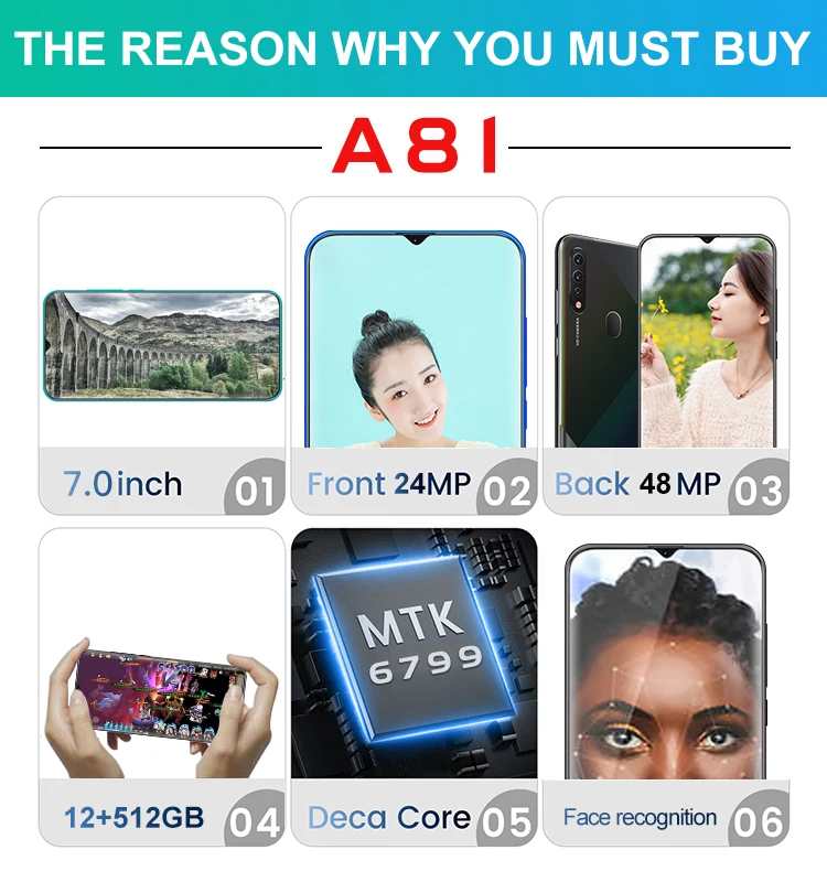 

New A81 Smartphones 7 Inch Big Screen 4K 12GB+512GB Android10 10-Core 5G Cellphones 5800mAh Face Unlock Dual SIM Mobile Phone
