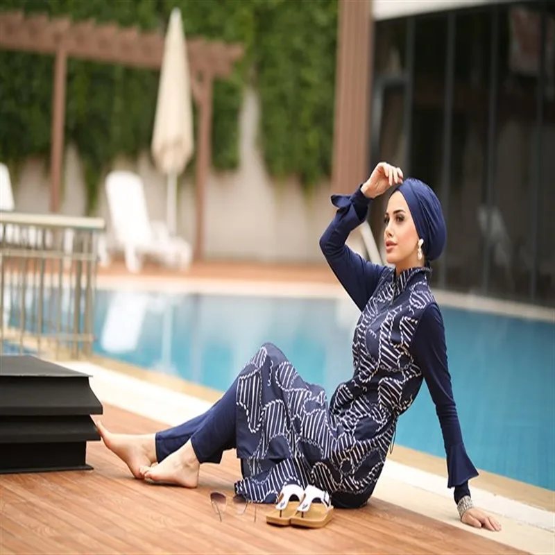 

Sleeve detail luxury Islamic Swimwear Conservative Female Swimsuit Modest Swimwear 2021 Beach Clothing Muslim Swimwear Anchor Pattern