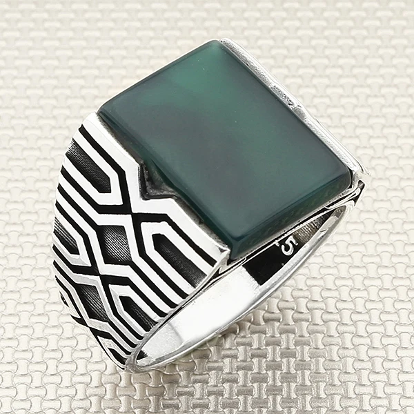 

Plaid Design Matte Green Agate Gemstone Men 925 Sterling Silver Classy Ring Jewellery Gemstone Handmade Men Silver Ring