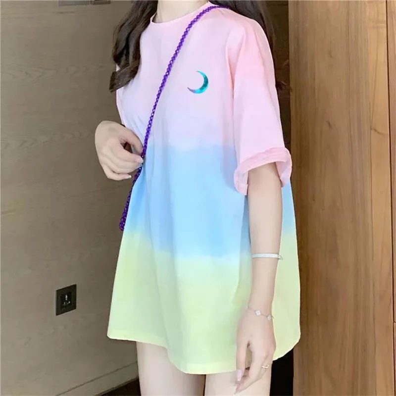 Rainbow Oversized T-Shirt Women 2021 Summer Clothes Short Sleeve Tees Students Cute Korean Fashion Harajuku Tie Dye Tops Femme
