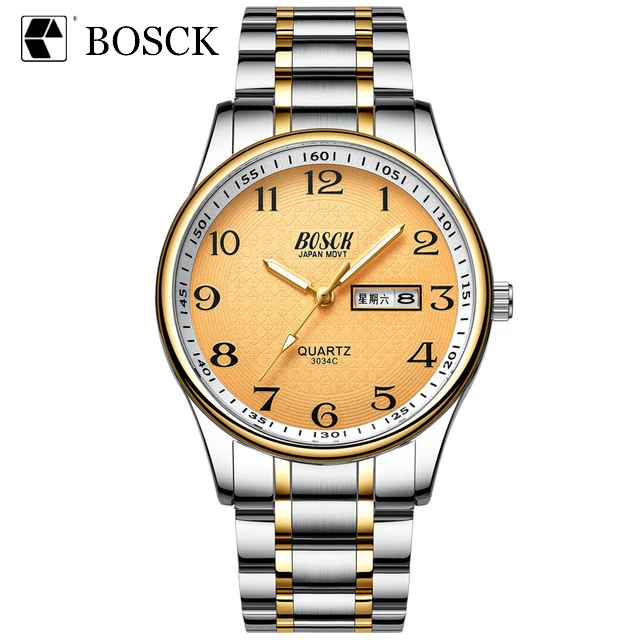 

Bosck Men's 30M Waterproof Casual Business Quartz Watch Dual Calendar Luminous Stainless Steel Strap Watch Tempered Glass Mirror