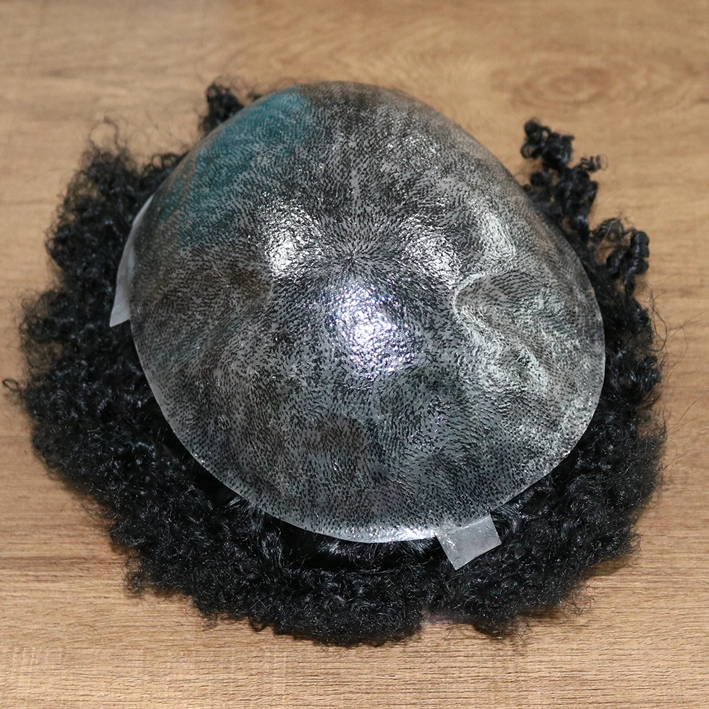 

Natural Hair Repacement Toupee PU 0.08-0.1mm Indian Human Remy Hair 10mm Wave Curly Hairpiece for Black Man
