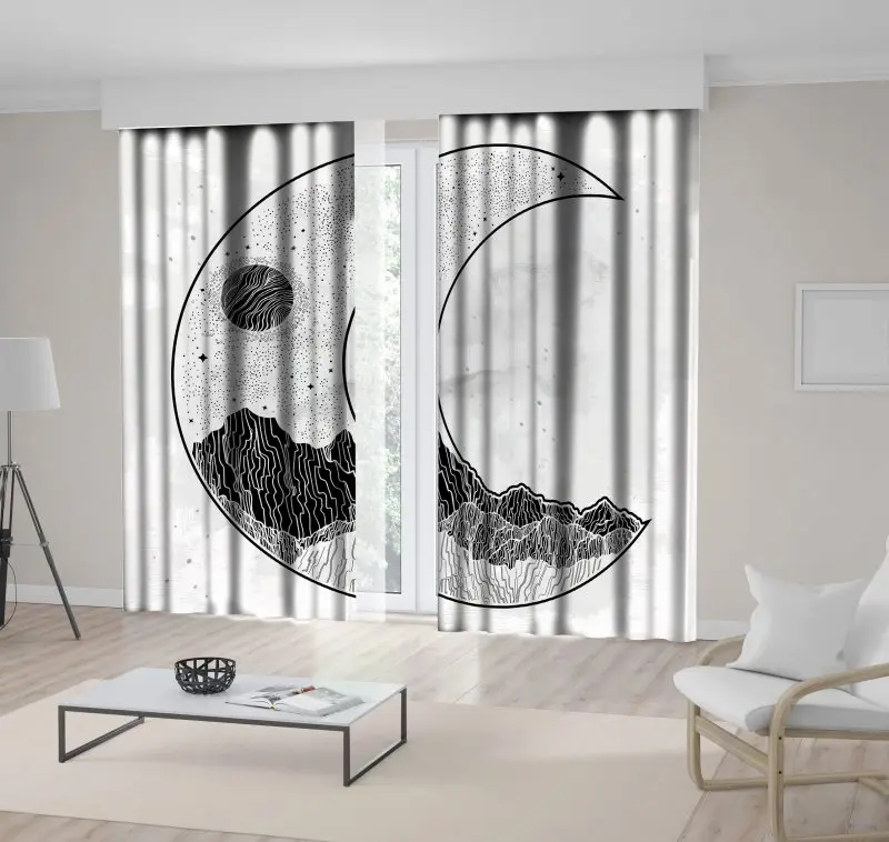 

Curtain Mountains Full Moon and Stars Night Sky in Crescent Shape Mystic Artwork Printed Black White
