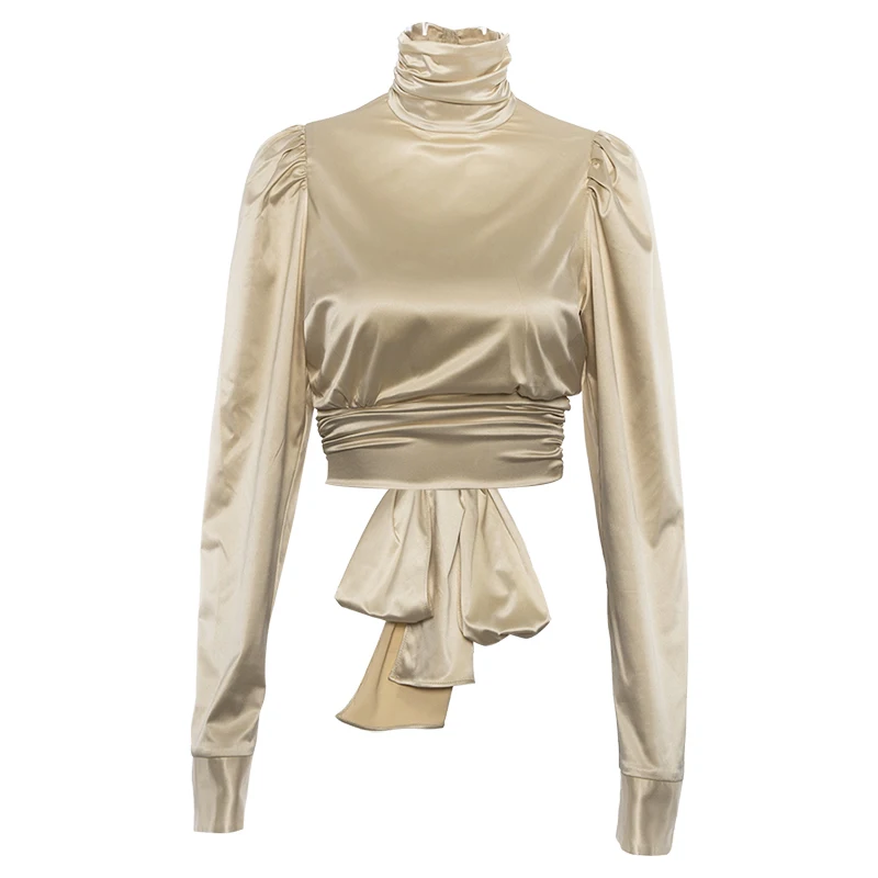 

2019 new sexy women satin puff sleeve turtleneck long sleeve crop top backless tie shirt office wear streetwear fashion sexy gir