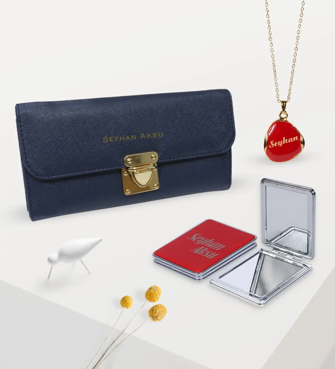 Женский подарочный набор из ожерелья и зеркального кошелька темно синего цвета