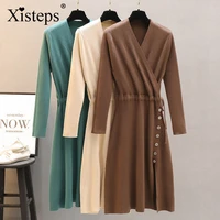 xisteps solid women knitted sweater dress long sleeve v neck side leg button bandage dress elegant female 2020 autumn winter