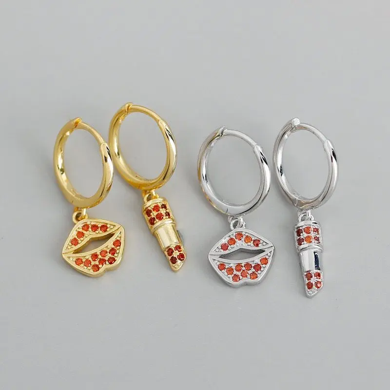 

A00501 Jazaz New Real 925 Sterling Silver Fashion Red Zirconia Lips Lipstick Drape Stud Earrings for Women Wedding Fine Jewelry