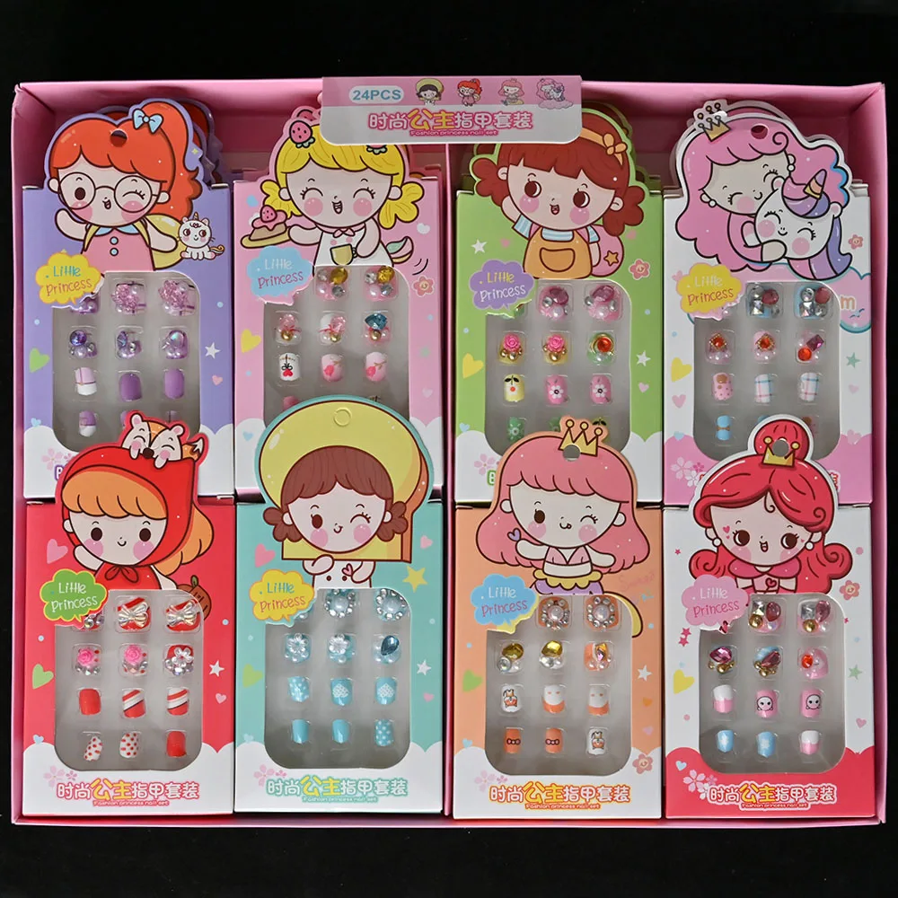 12Pcs False Nail Tips Children Cartoon Full Cover Kid Glue Self Fake Nail Art for Girls Manicure Tips With Rhinestone Nail Decor