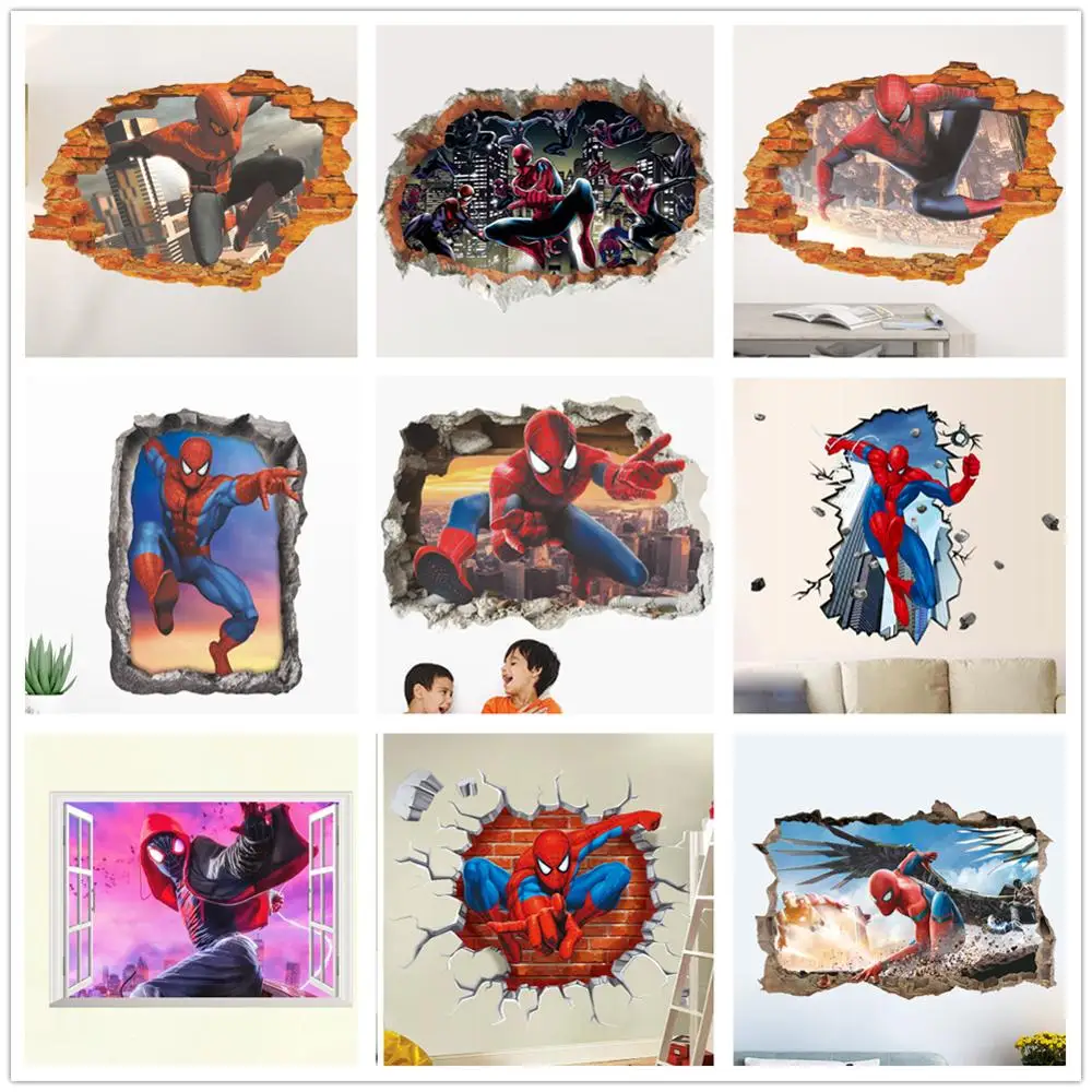 

Cartoon Spider Man Vinyl Wall Sticker Traps Broken Window Classic Urban Hero Stickers 3D Interior Decoration for Bedroom Murals