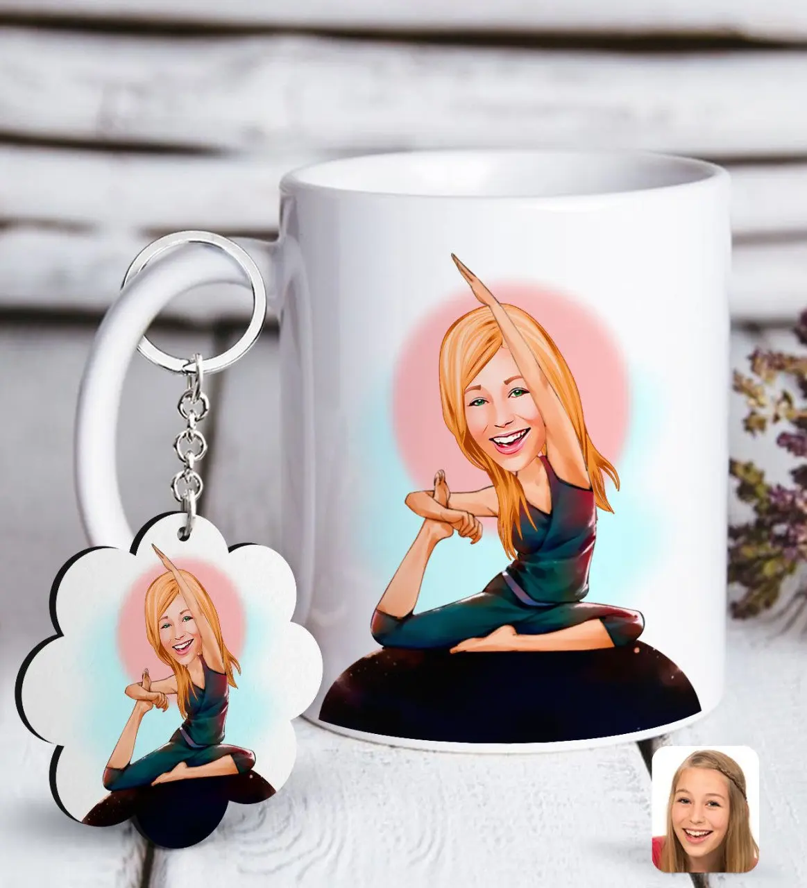 

Personalized Women 'S Yoga Caricature Of White mug And Keychain Gift Seti-2