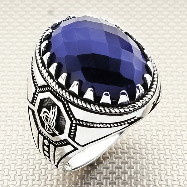 

Ottoman Tugra Striped Oval Stone Blue Zircon Gemstone Men 925 Sterling Silver Classy Ring Jewellery Gemstone Men Silver Ring