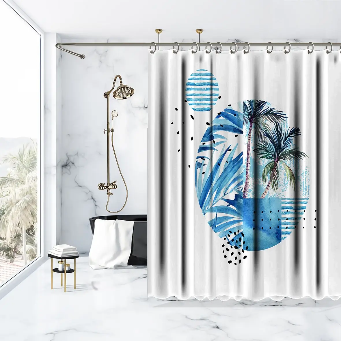 Занавеска для душа тропические пальмы листья море и геометрические формы