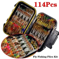24 114pcsbox dry wet flies nymph box set fly fishing flies trout bass artificial fish bait