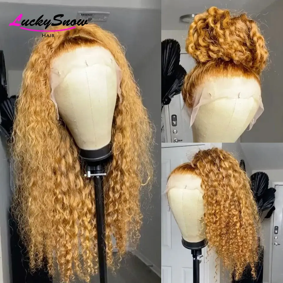 #27 Honey Blonde Lace Front Wig Brazilian Remy Water Wave Human Hair Wigs For Women HD Transparent 180% | Шиньоны и парики