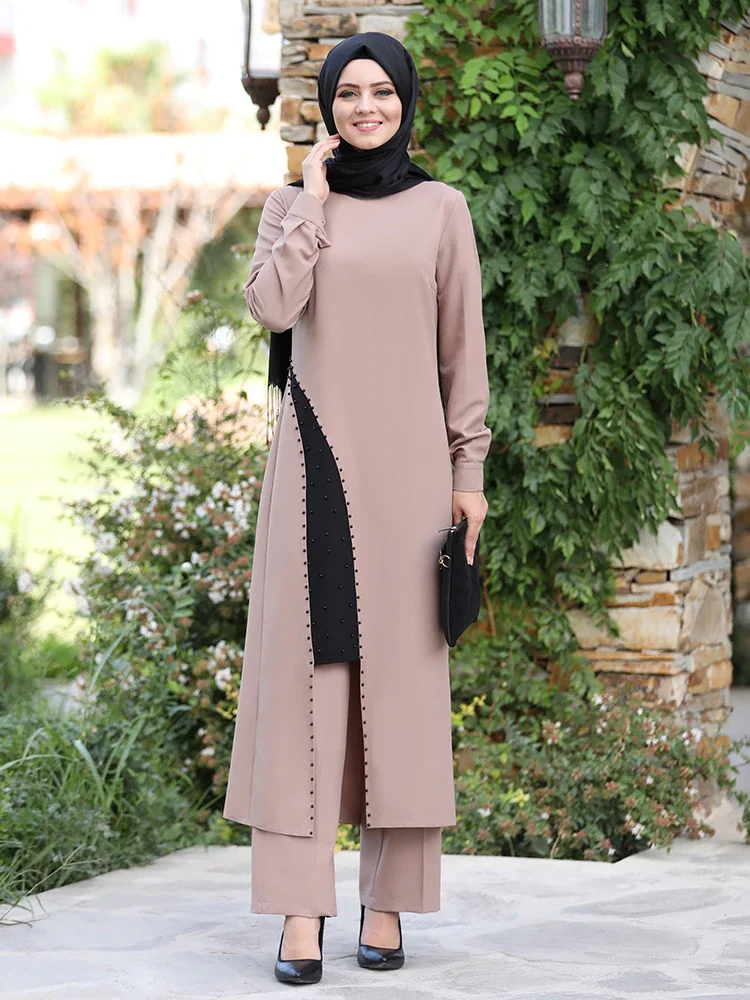 

Tunic Trousers Women Combination Muslim Hijab Suit New Season Pearl Detailed Crepe Quality Fabric Elastic Waist Elegant Turkey