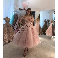 pink plus size ball gown prom dresses 2021 off shoulder tea length sequined beads formal celebrity evening party gowns for women