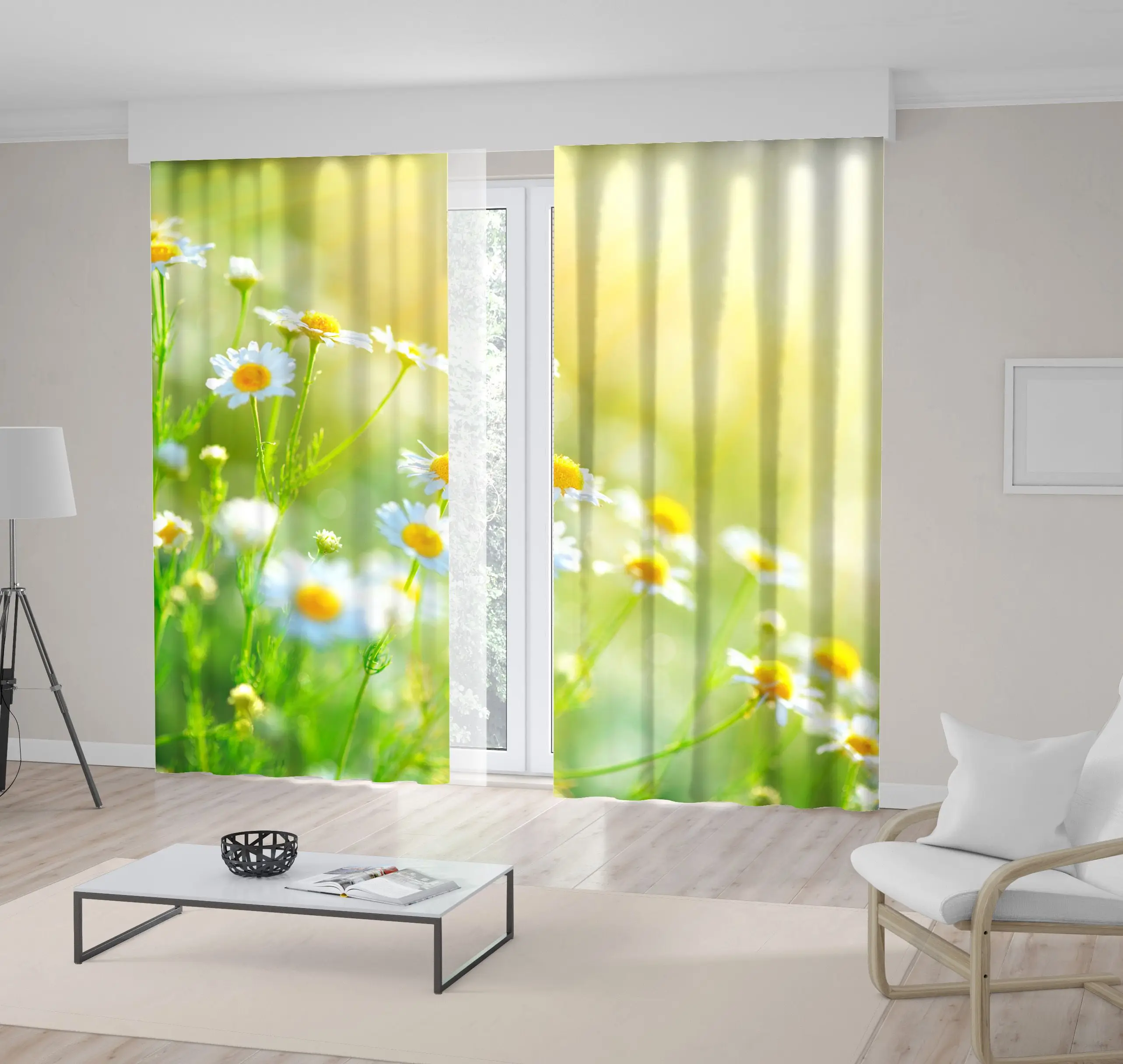 

Curtain Chamomile Daisy Flowers in Sun Flare Spring Summer Meadow Nature Scenic View Green White Yellow