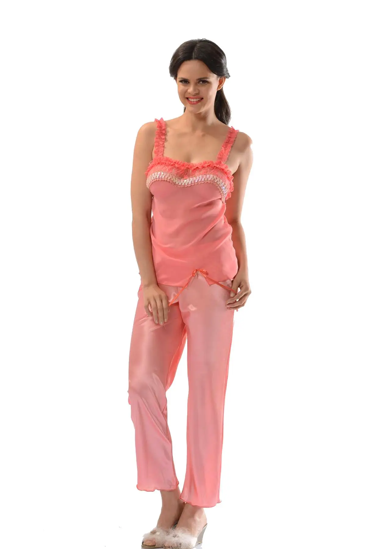 

Women's Pajamas set Satin home Gown Satin Pajamas set Bridal Wedding Gown Ruffle Fancy Suit