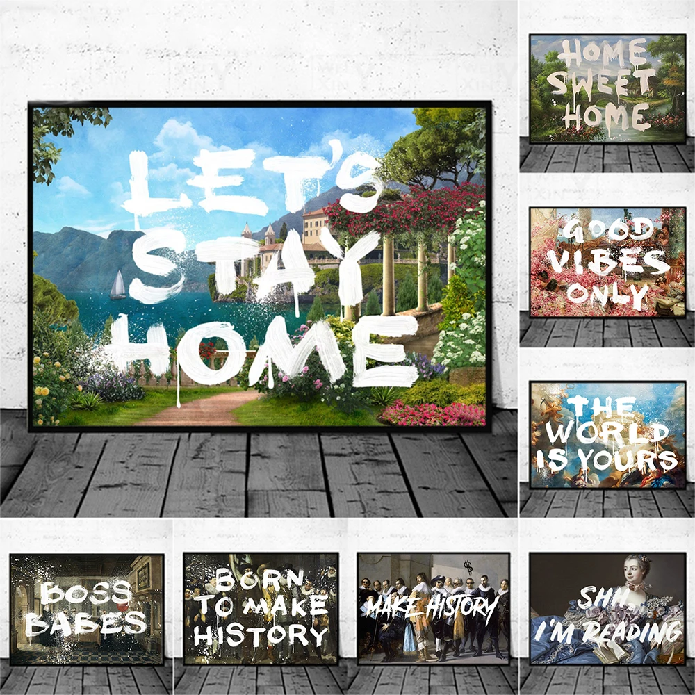 

Vintage Abstract Posters LET'S STAY HOME Graffiti Criss Bellini Wall Art Prints Living Room Decoration Canvas Painting Pictures