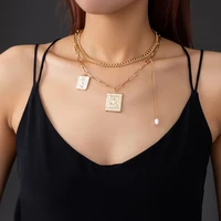 new trend ins multi layer natural pearl square portrait pendant necklace for women geometric vintage choker female jewelry gift