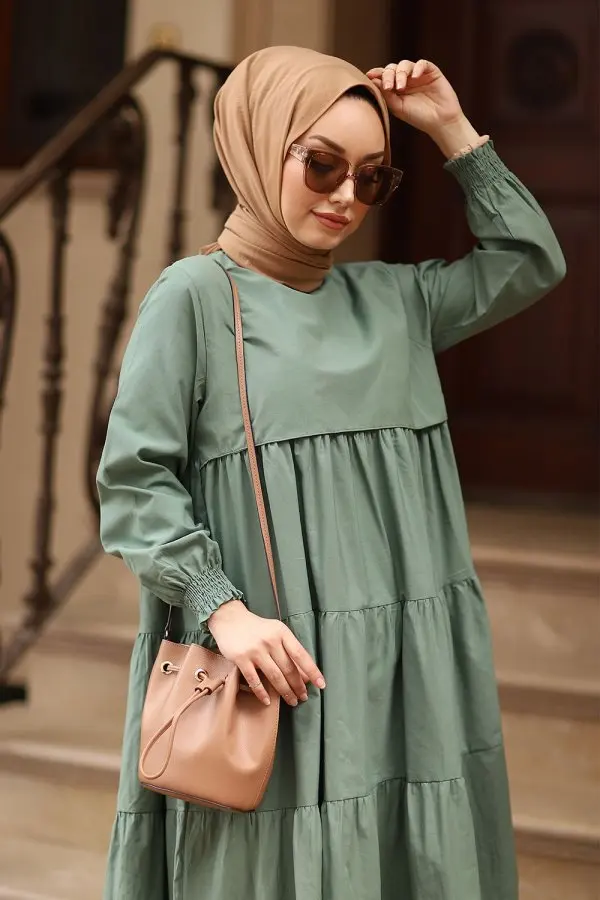 

Ruffle Detailed Sleeve Gathered Cotton Hijab Dress Long Sleeve Zero Collar One Color Seasonal Sweatproof Stylish Women Mslim