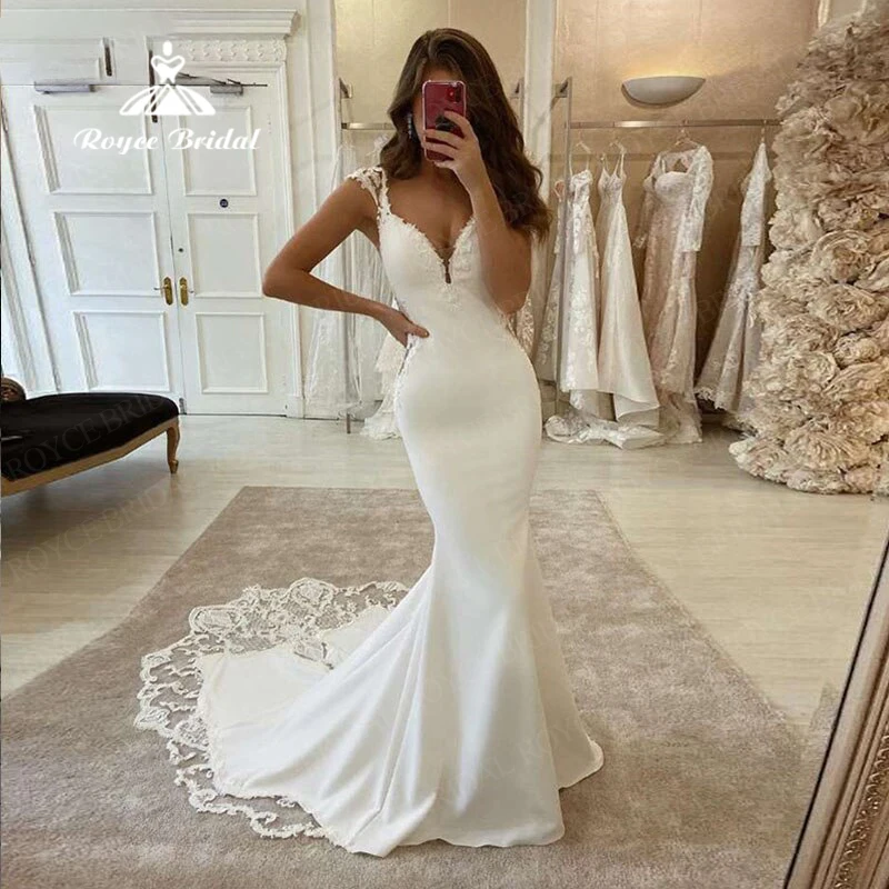 

Roycebridal Boho Wedding Dresses Mermaid Wedding Gown Soft Satin Spaghetti Strap White Ivory Custom Made Party Bride Dress