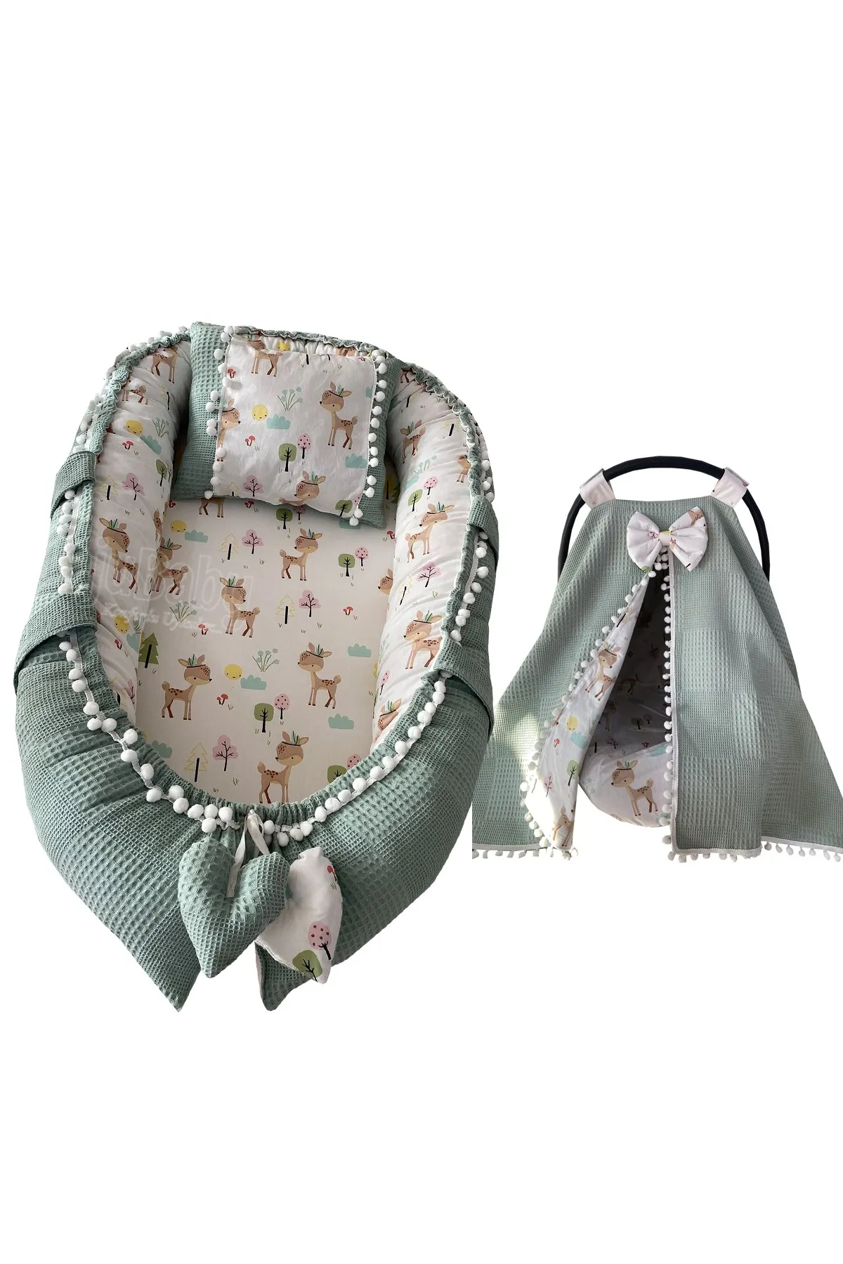 Jaju Baby Handmade, Green Waffle Pique Fabric Ceylan Design Babynest and Stroller Cover Set