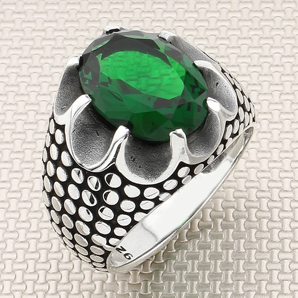 

Round Patterned Embroidered Green Zircon Gemstone Men Ring 925 Sterling Silver Jewellery Handmade Ring Natural Gemstone Men Ring