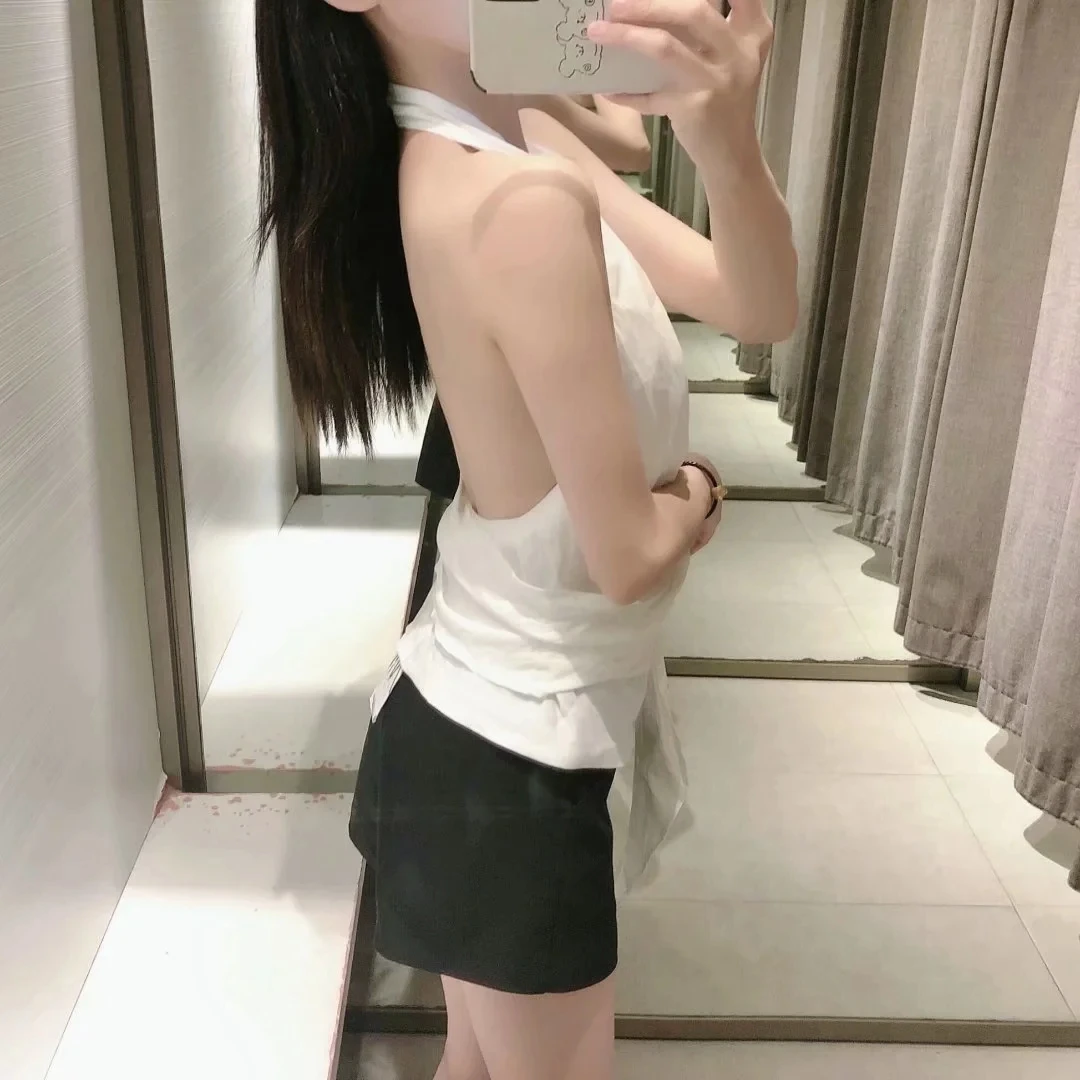

NWOMN Za Halter Top Women Ruched White Top Female Summer 2021 Sleeveless Camisole Sexy Backless Crop Top Elegant Woman Tank Tops