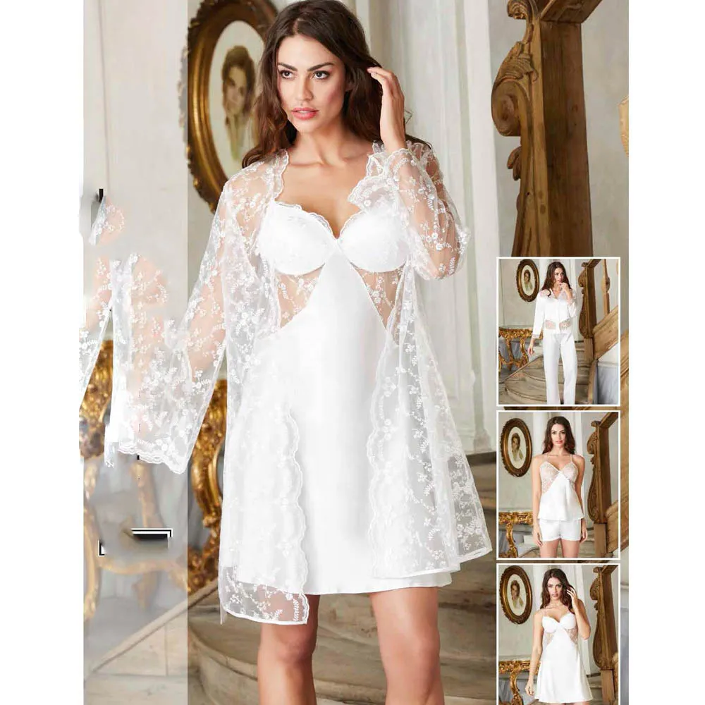 

Women's Nightgown Dressing Gown Set White Lace Short Length Silk Satin Bra Cup Above Knee Crease Skirt Underwear Wedding Dowry M