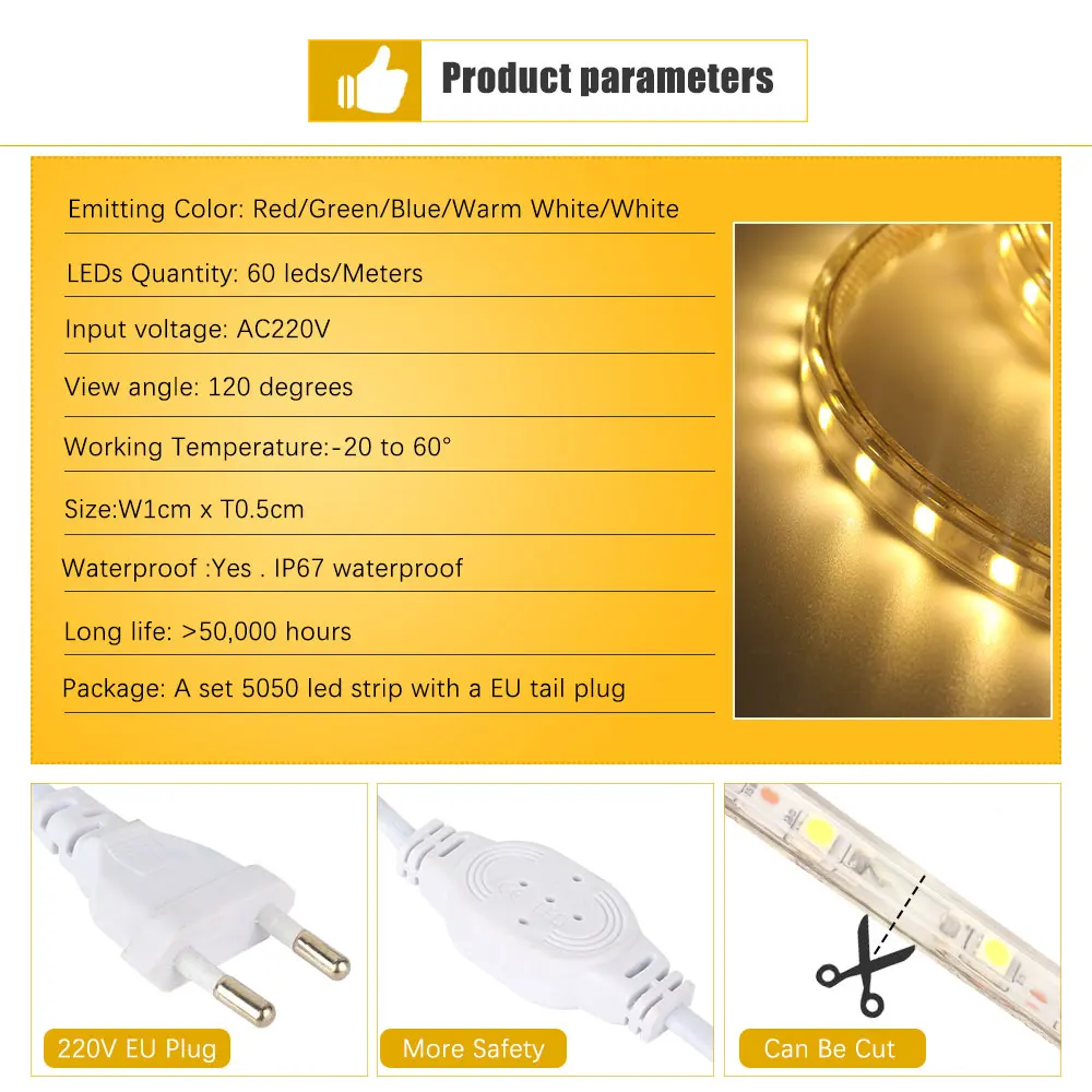 Светодиодная лента IP67 водонепроницаемая SMD 5050 AC220V Светодиодная лента гибкий светильник EU power Plug 60 Светодиодный s/m 1 м 2 м 3 м 5 м 10 м 15 м внутренний уличный светодиодный