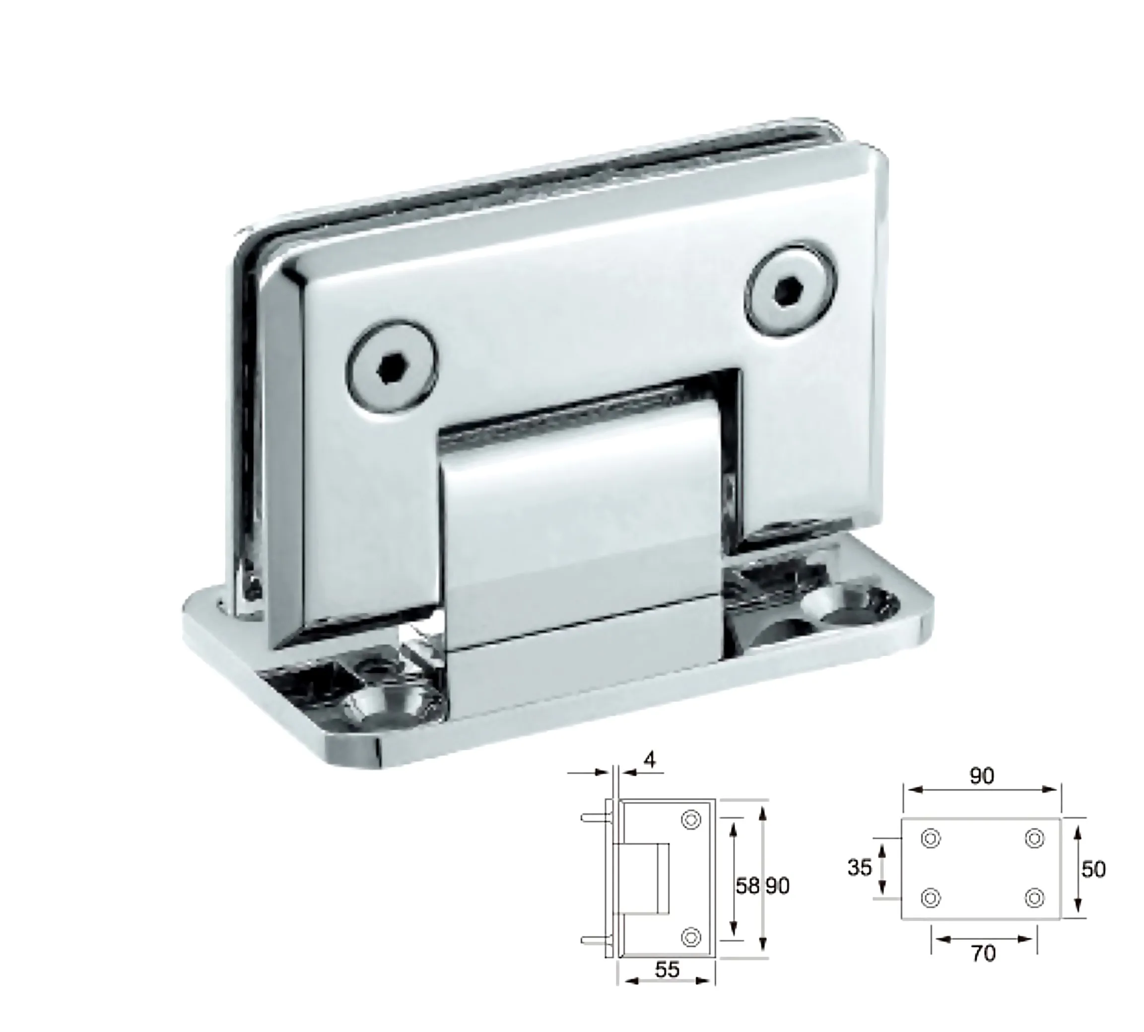 Hinge for shower cabin wall glass with PC Center pad |