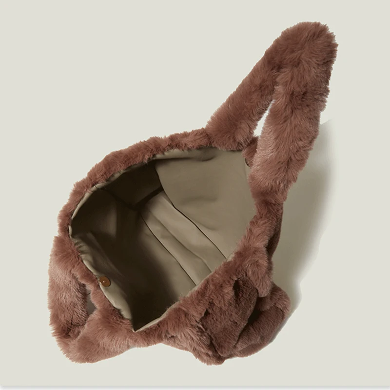 MABULA Winter Simple Stylish  Faux Fur Tote Handbag Branded Design Soft Phone Purses Luxury Women Work Bag