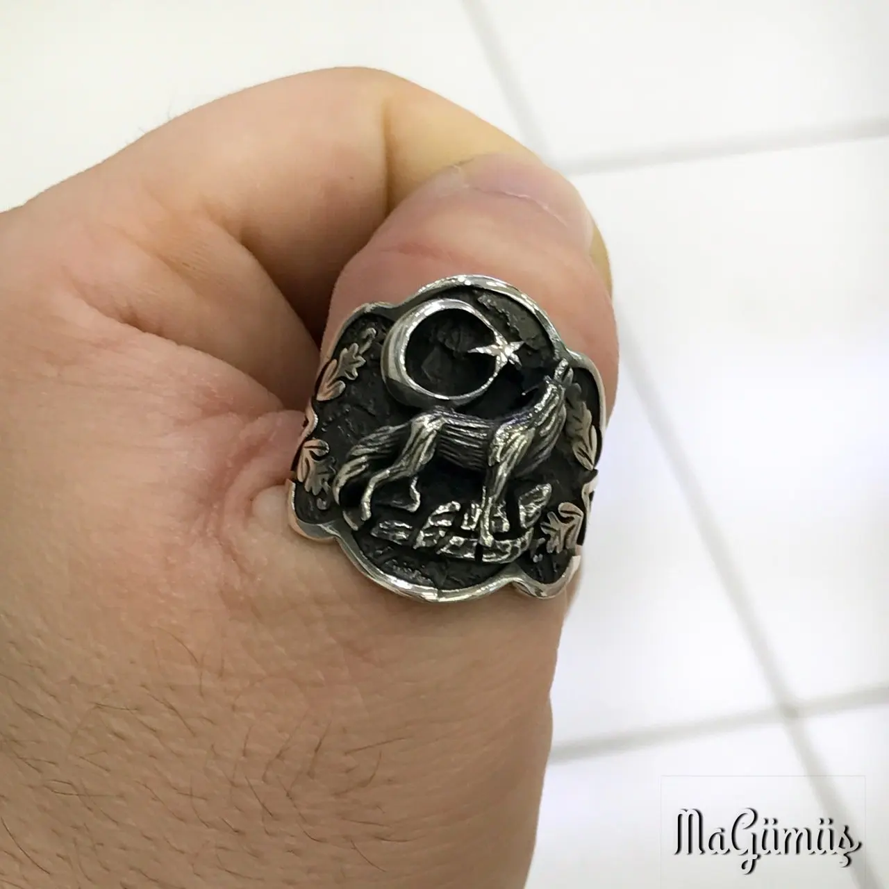 3 Crescent Gray Wolf Thumb Ring In Traditional (Archer Ring) Silver men's ring