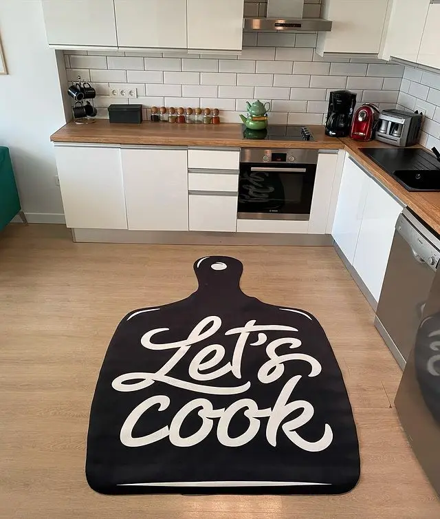 

Kitchen Rug Laser-Cut Lets Cook Design Premium Series Slip-Resistant Outsole Synthetic Leather Foal Feather Easy Clean Fabric