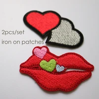 2pcsset small heart mouth embroidery patches for clothing diy colorful iron on parches applique for clothes