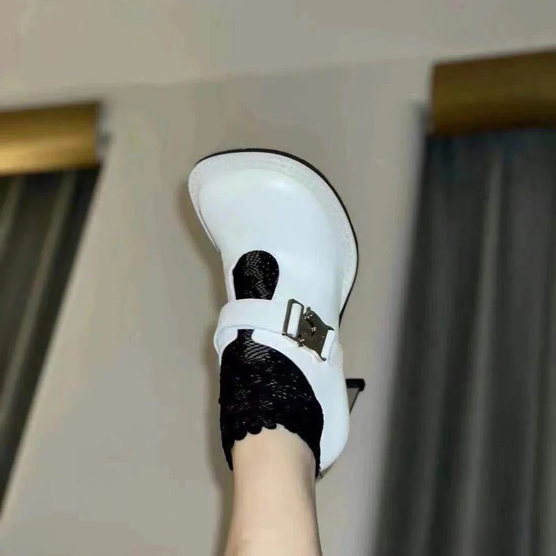 

Spring 2022 Mary Jane Shoes Sweet Women White Round Toe Strange Style Heel Sandals Fashion Female Lace Ankle Buckle Sandals