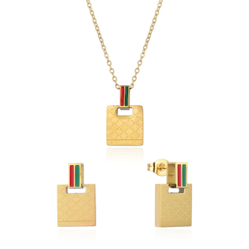 

Fashion Hot Sale Female Woman Jewelry Set Gold Square Popular Pendant Necklace Charm Green & Red Bar Stud Earrings Jewelry Gifts