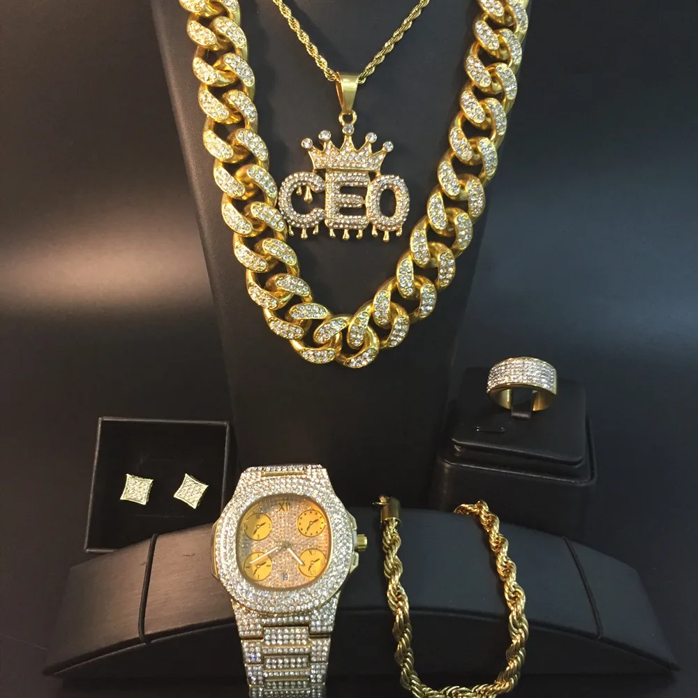 

Luxury Men Gold Watch & Necklace & Braclete & Ring & Earrings Combo Set Ice Out Cuban Watch Hip Hop In Crystal Jewerly For Men
