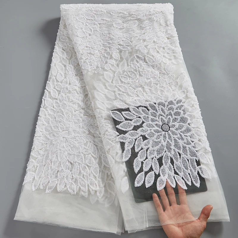 

Pure White African Mesh Lace Fabric Handmade Heavy Beads Soft Tulle Wedding Materials French Laces Fabrics For Party Dress2583A
