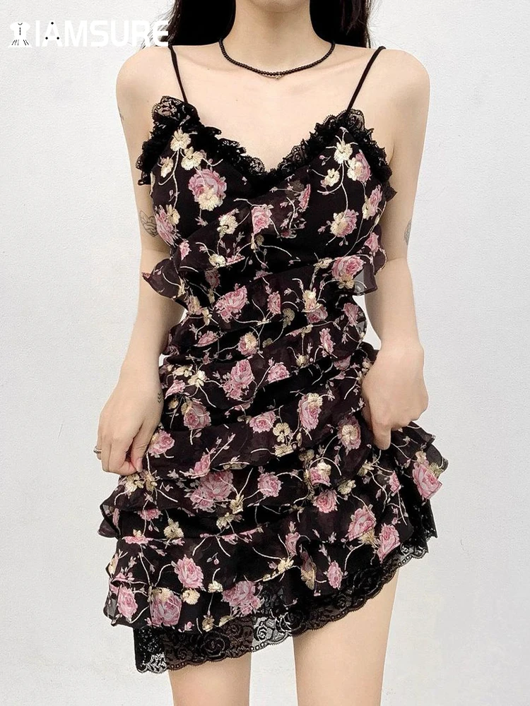 

IAMSURE Sweet Lace Trim Floral Asymmetrical Dress Holiday Sexy Slim Ruffles Sleeveless Mini Dresses For Women 2022 Summer Beach